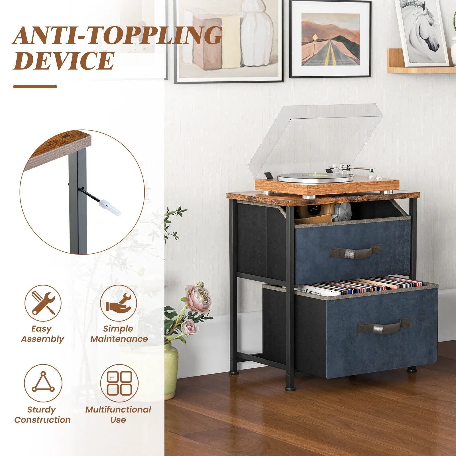 20 Inch Height Industrial Nightstand with 2 Pull-out Fabric Drawers-Rustic Brown by DirectDeals