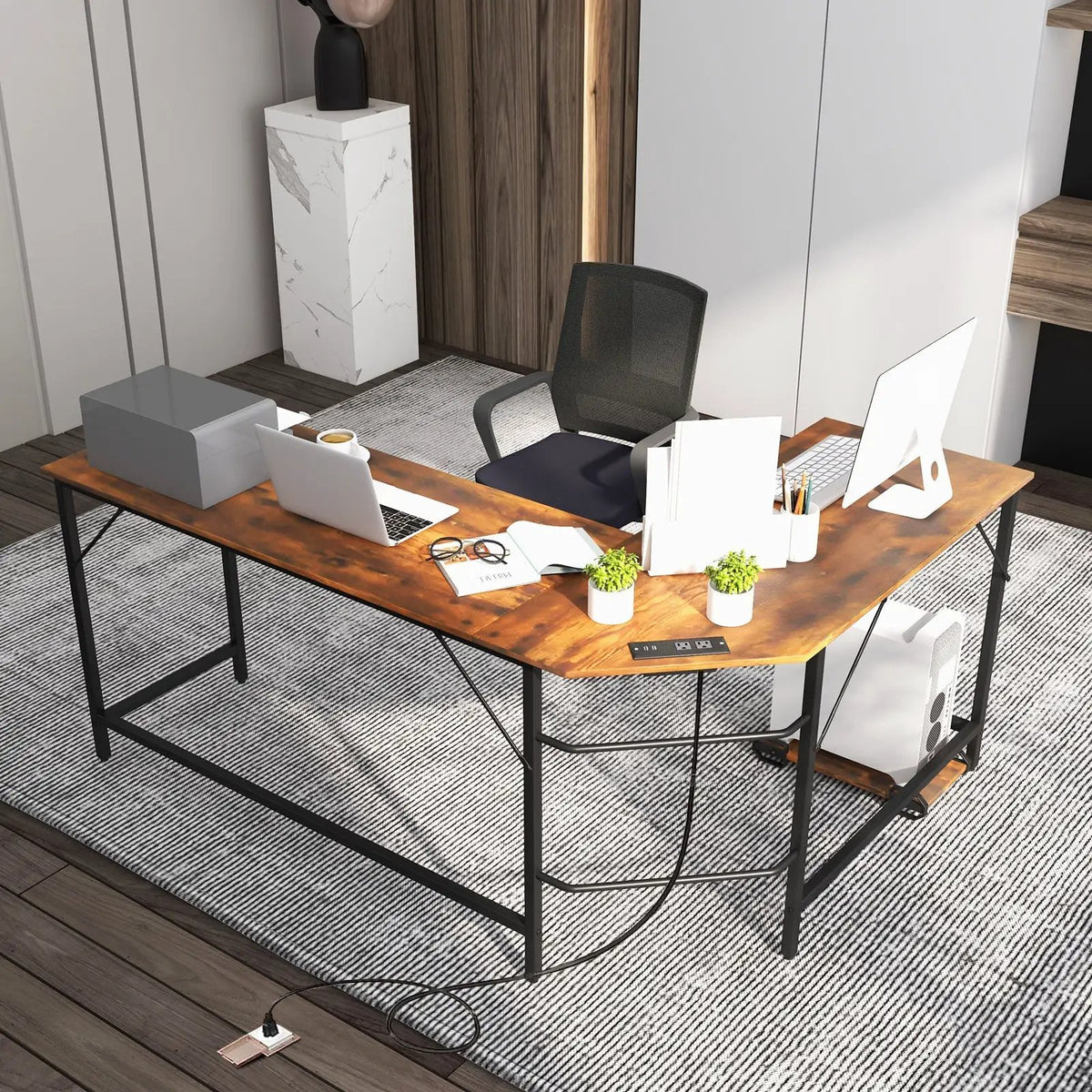 L-Shaped Computer Desk with CPU Stand Power Outlets and USB Ports by DirectDeals