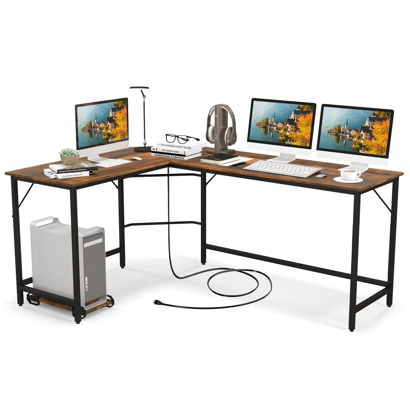 L-Shaped Computer Desk with CPU Stand Power Outlets and USB Ports by DirectDeals