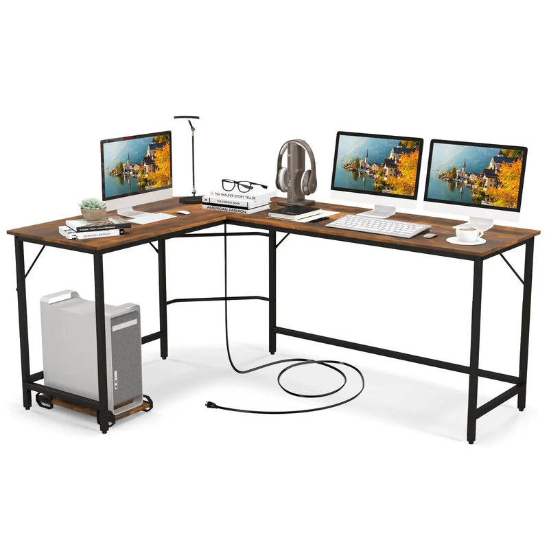 L-Shaped Computer Desk with CPU Stand Power Outlets and USB Ports by DirectDeals