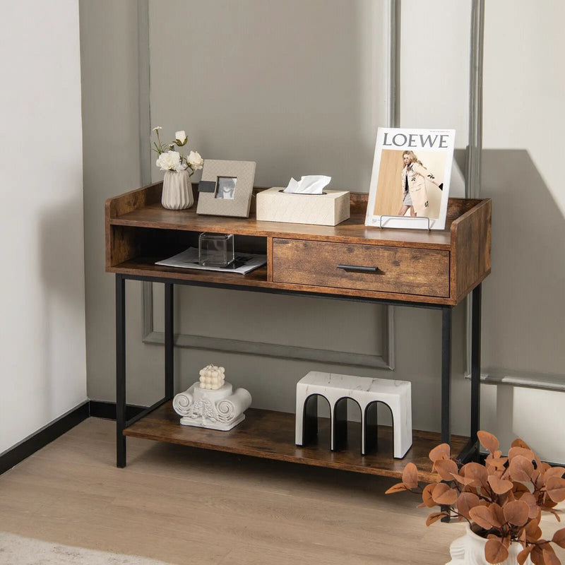 Long Console Table with Drawer and Metal Frame-Rustic Brown by DirectDeals