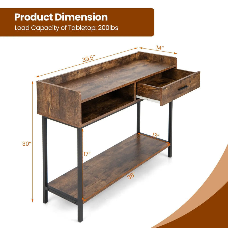 Long Console Table with Drawer and Metal Frame-Rustic Brown by DirectDeals