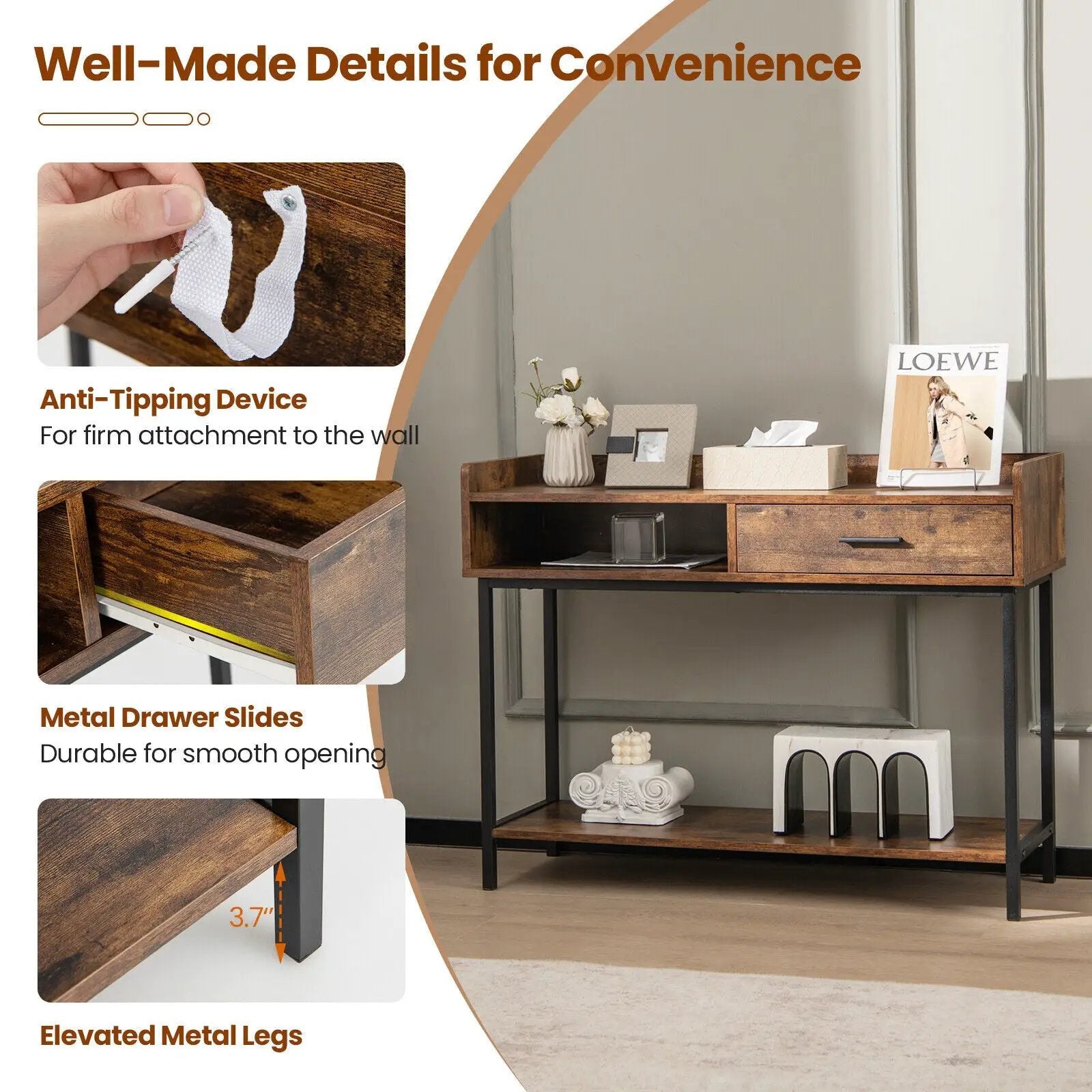 Long Console Table with Drawer and Metal Frame-Rustic Brown by DirectDeals