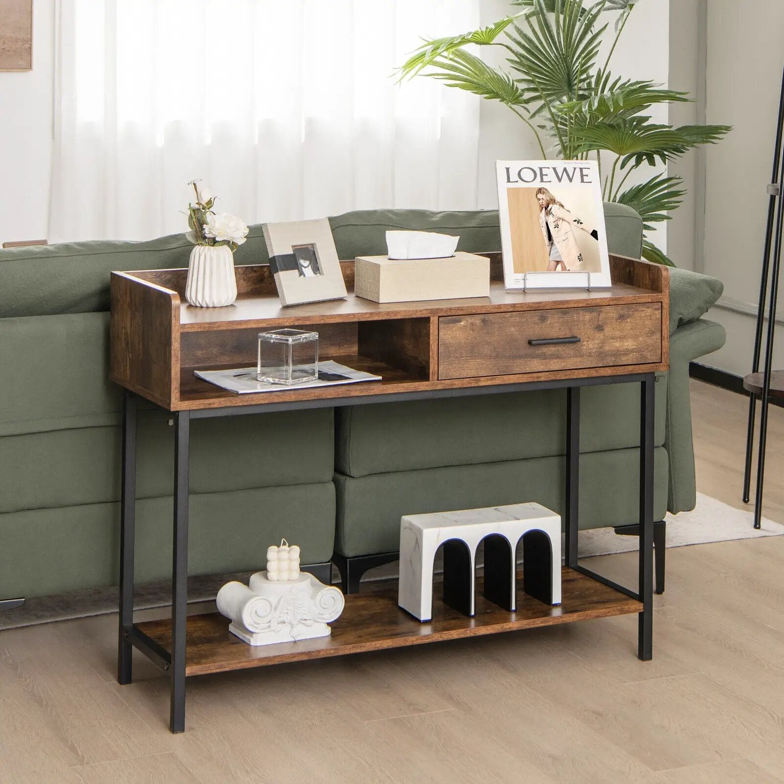 Long Console Table with Drawer and Metal Frame-Rustic Brown by DirectDeals