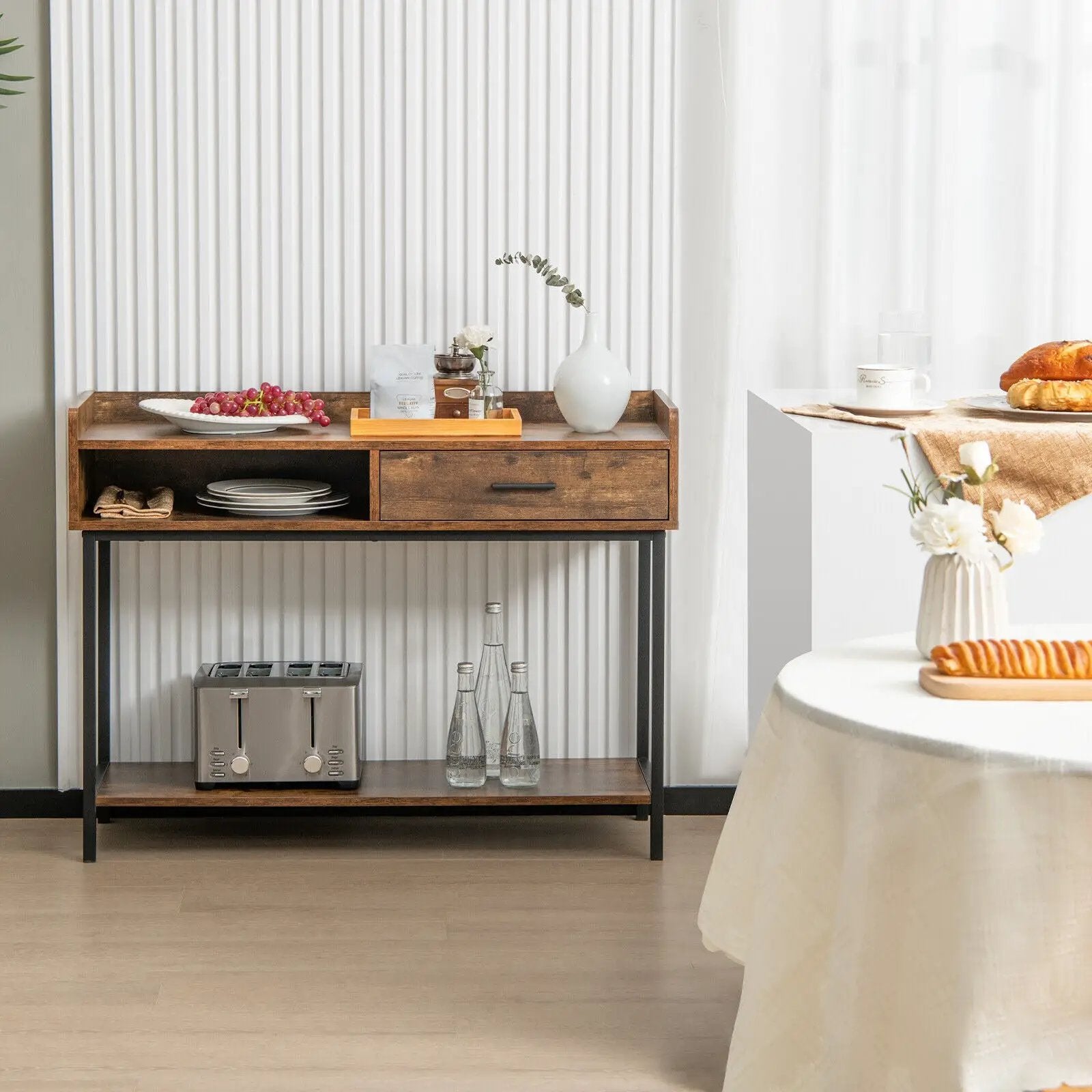 Long Console Table with Drawer and Metal Frame-Rustic Brown by DirectDeals