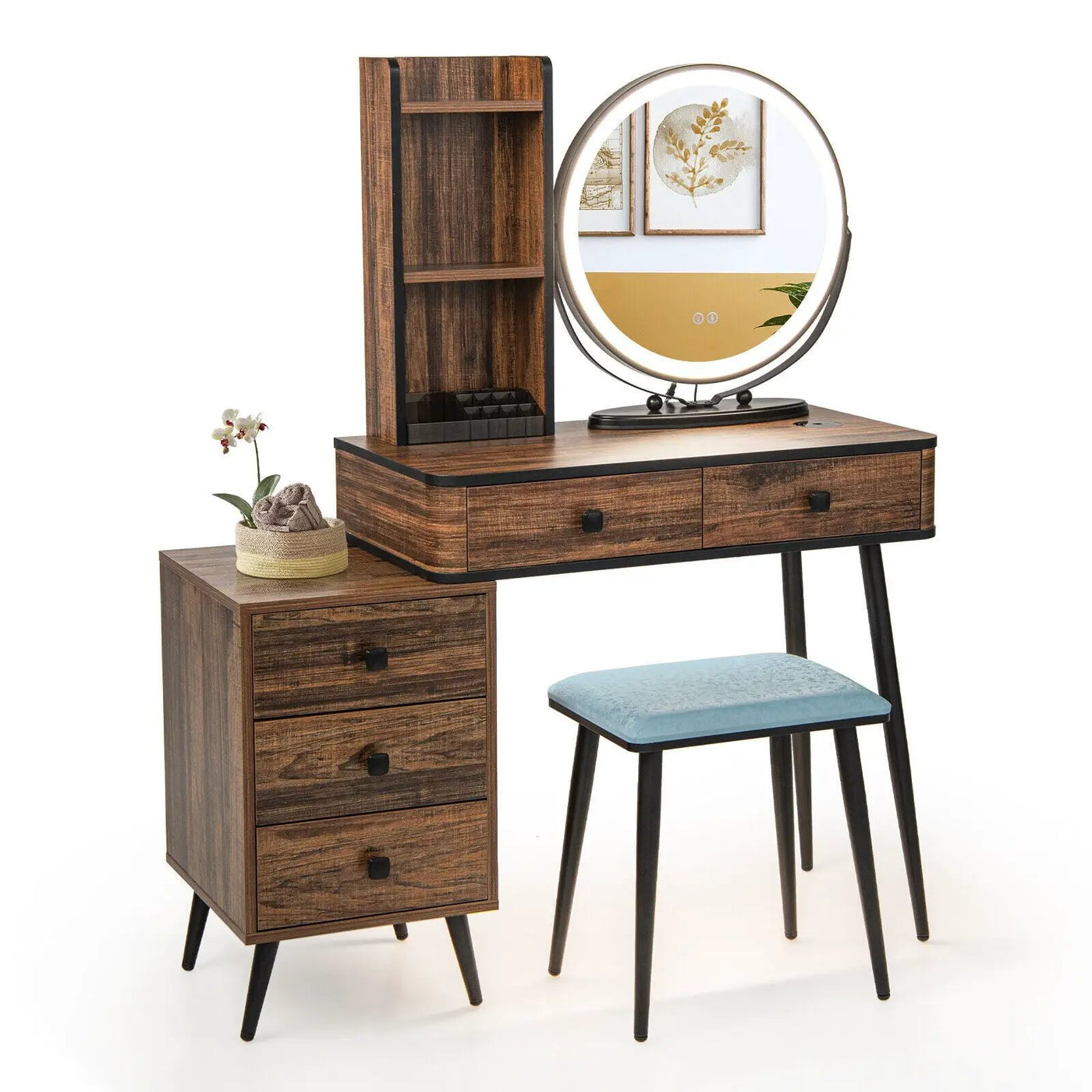 Vanity Table Set with 3-Color Lighted Mirror and Cushioned Stool by DirectDeals