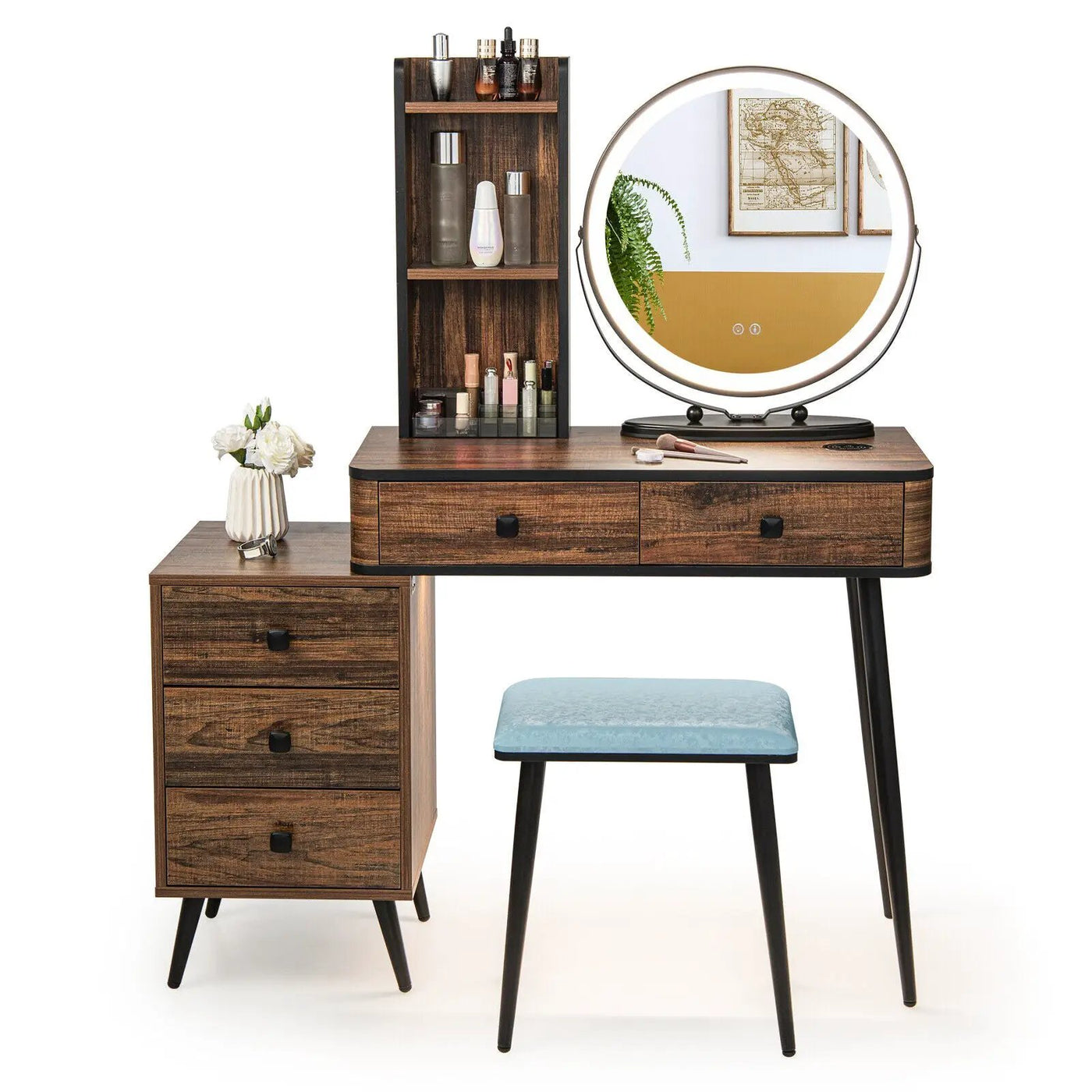 Vanity Table Set with 3-Color Lighted Mirror and Cushioned Stool by DirectDeals