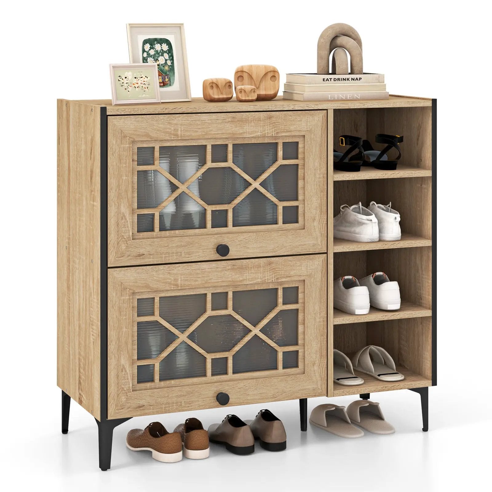 Rustic Shoe Cabinet with Flip-up See-through Doors and Adjustable Shelves-Oak by DirectDeals