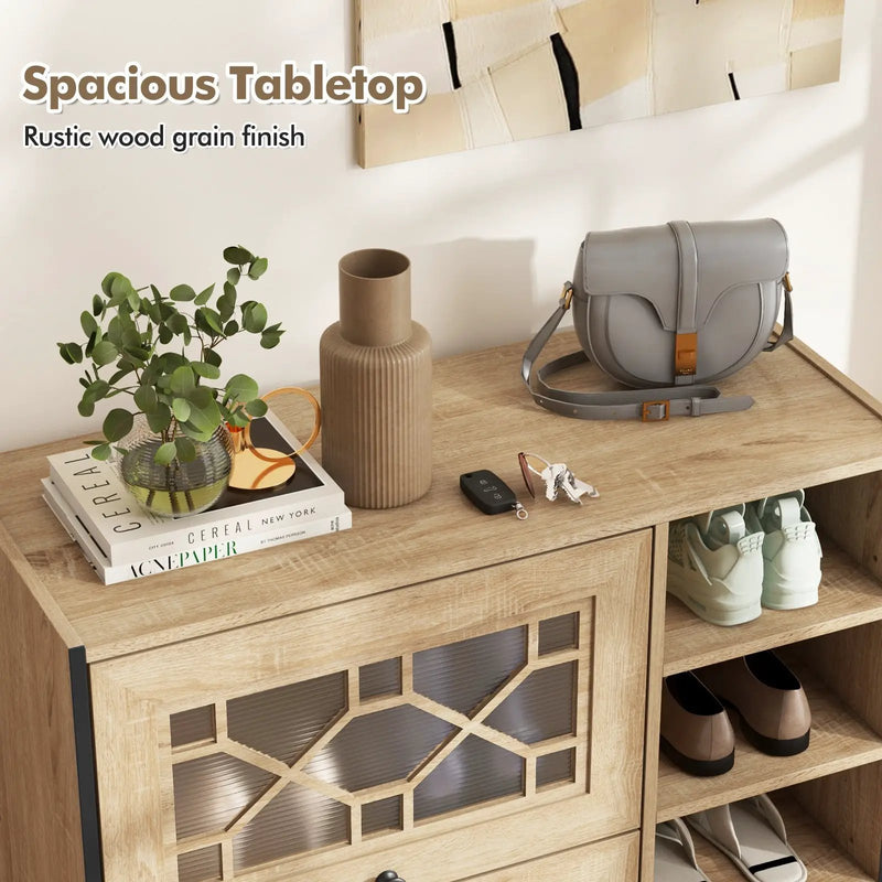 Rustic Shoe Cabinet with Flip-up See-through Doors and Adjustable Shelves-Oak by DirectDeals