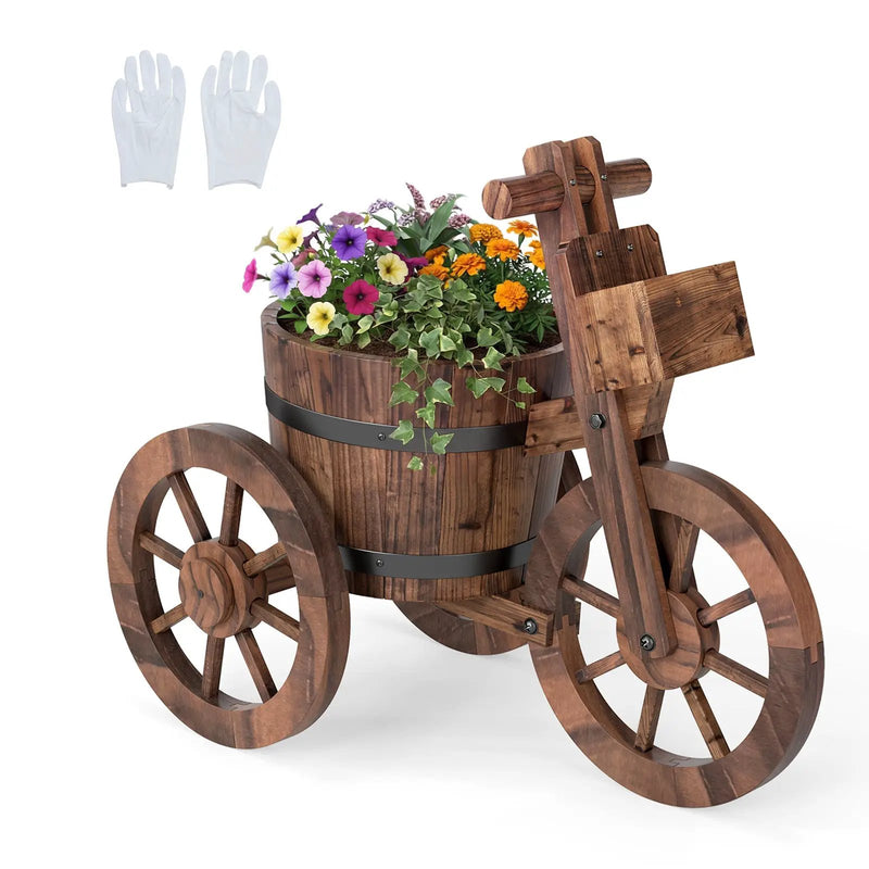 Rustic Wood Tricycle Planter with Wheels and Storage Box-Coffee by DirectDeals