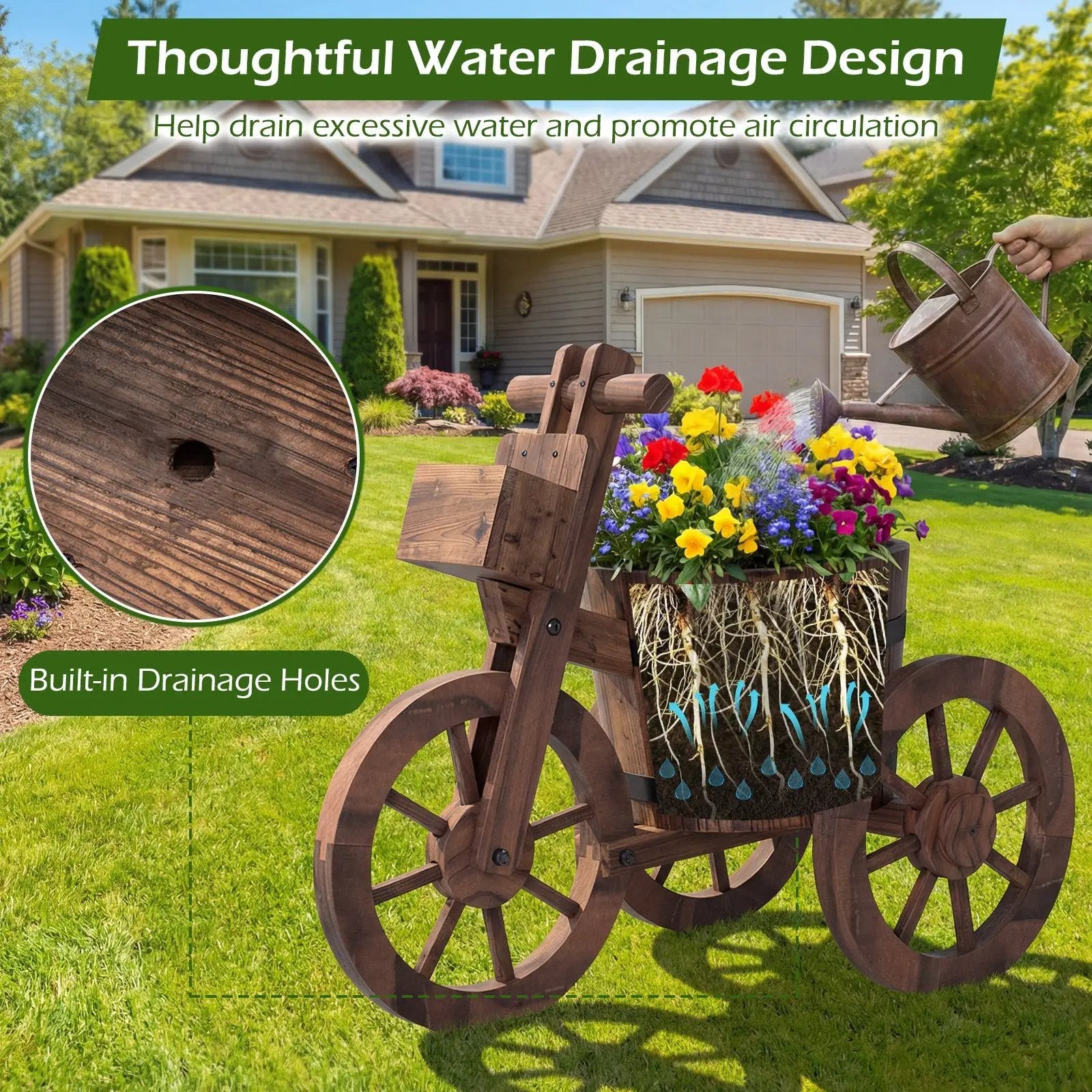 Rustic Wood Tricycle Planter with Wheels and Storage Box-Coffee by DirectDeals