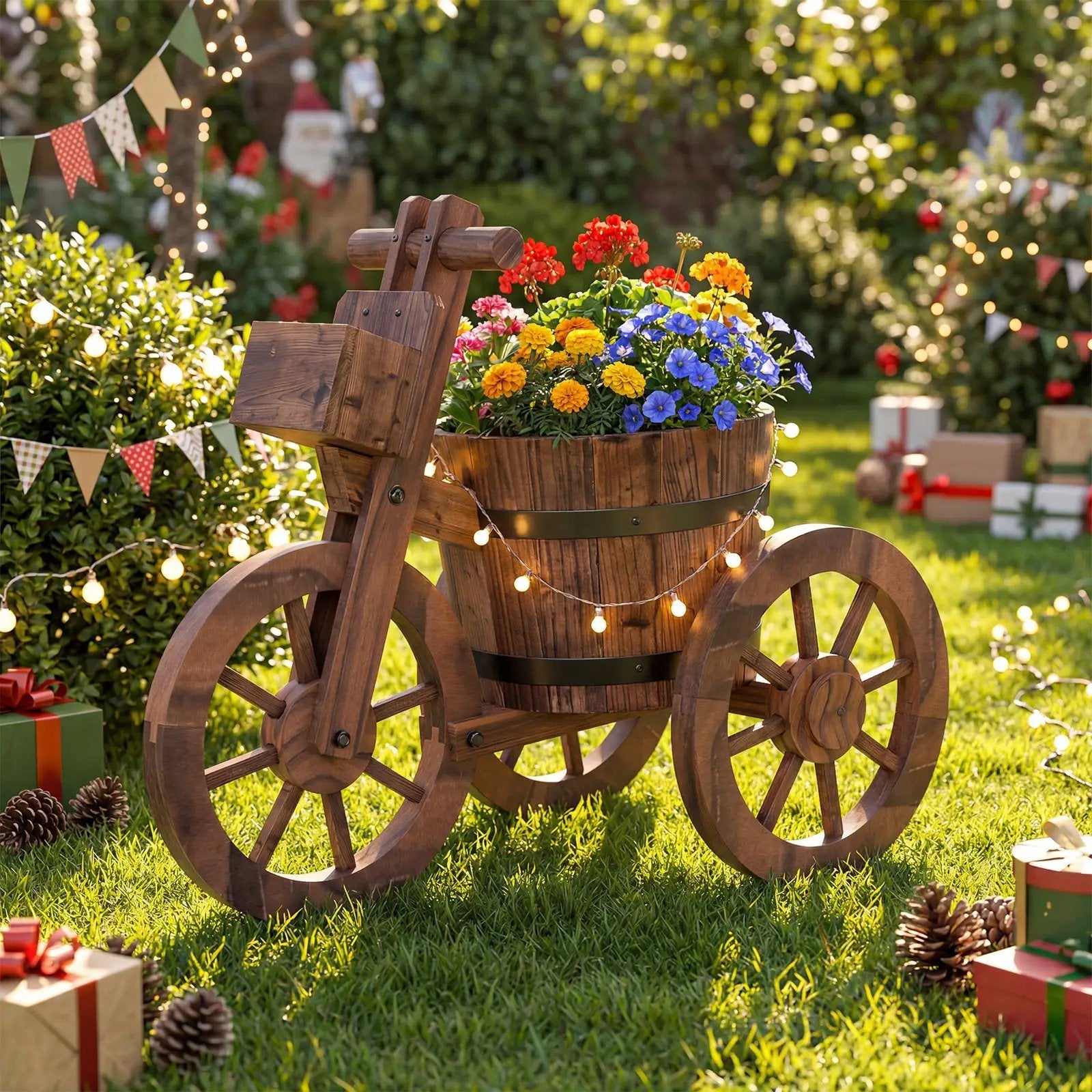 Rustic Wood Tricycle Planter with Wheels and Storage Box-Coffee by DirectDeals