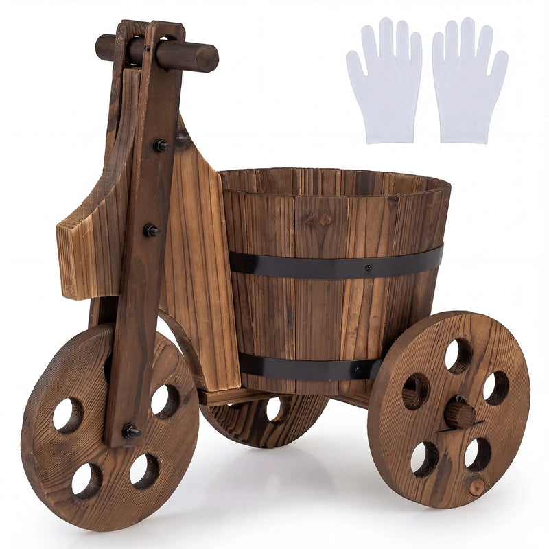 Rustic Wood Tricycle Planter Barrel Flower Pot Cart with Drainage Hole-Coffee by DirectDeals