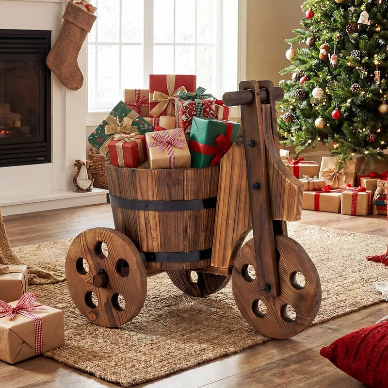 Rustic Wood Tricycle Planter Barrel Flower Pot Cart with Drainage Hole-Coffee by DirectDeals