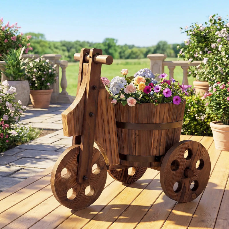 Rustic Wood Tricycle Planter Barrel Flower Pot Cart with Drainage Hole-Coffee by DirectDeals
