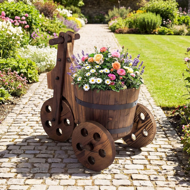 Rustic Wood Tricycle Planter Barrel Flower Pot Cart with Drainage Hole-Coffee by DirectDeals