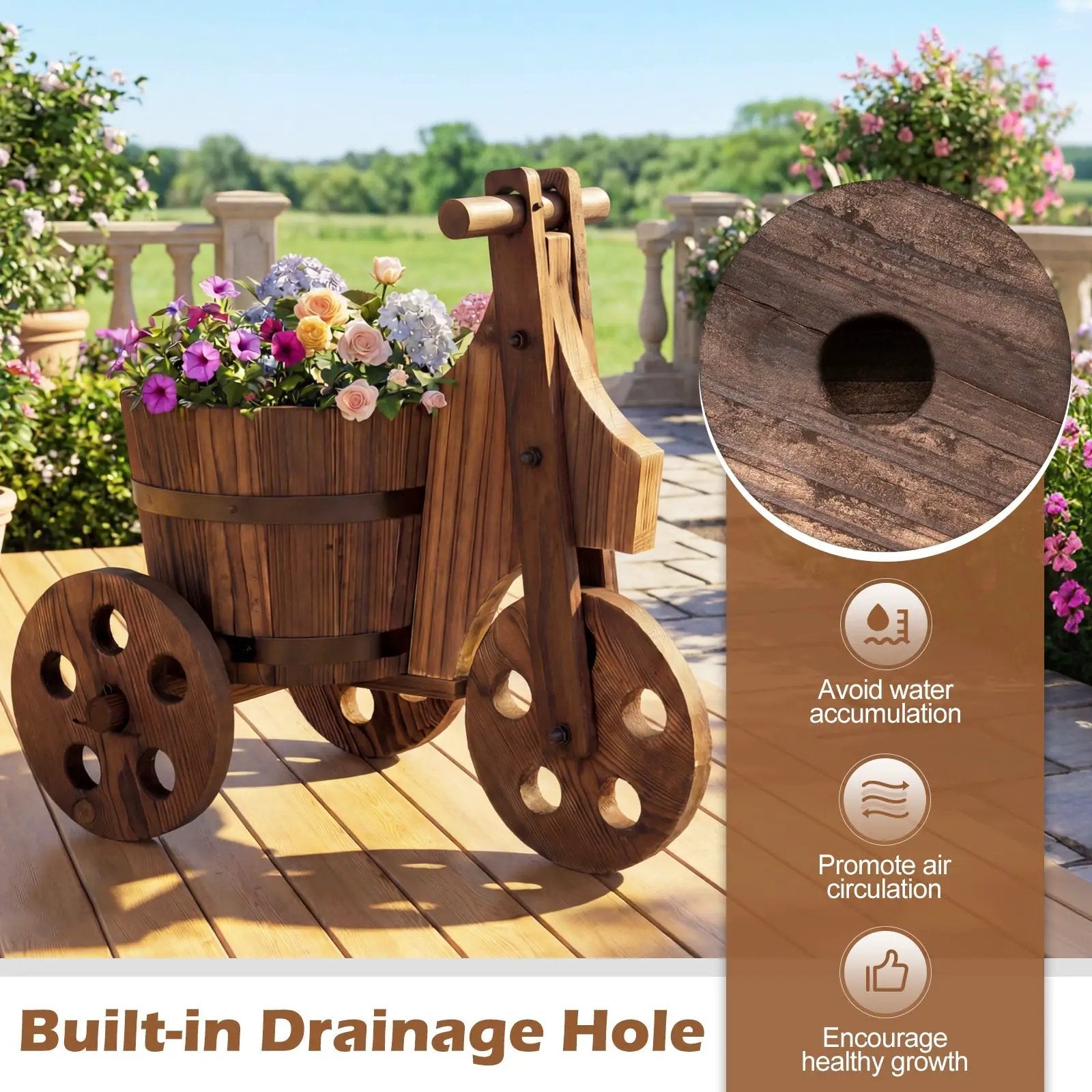 Rustic Wood Tricycle Planter Barrel Flower Pot Cart with Drainage Hole-Coffee by DirectDeals