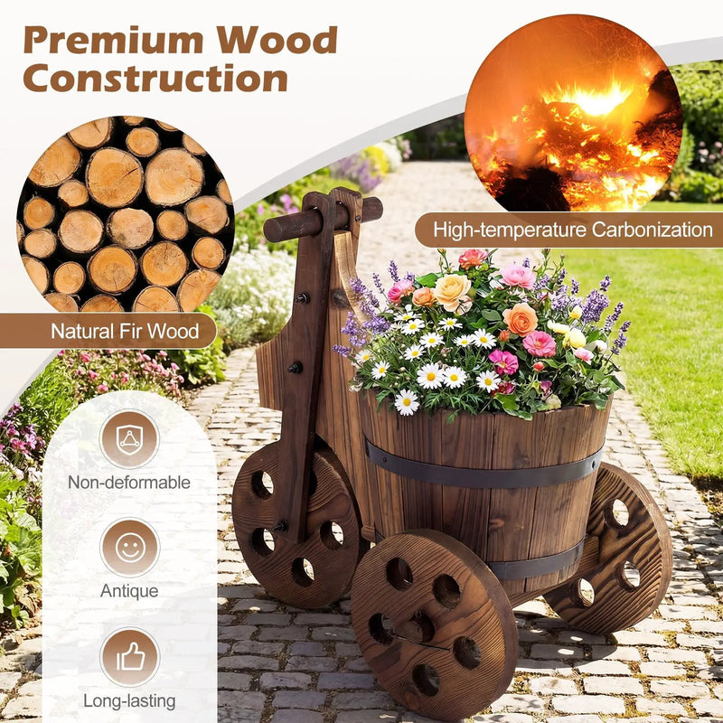 Rustic Wood Tricycle Planter Barrel Flower Pot Cart with Drainage Hole-Coffee by DirectDeals