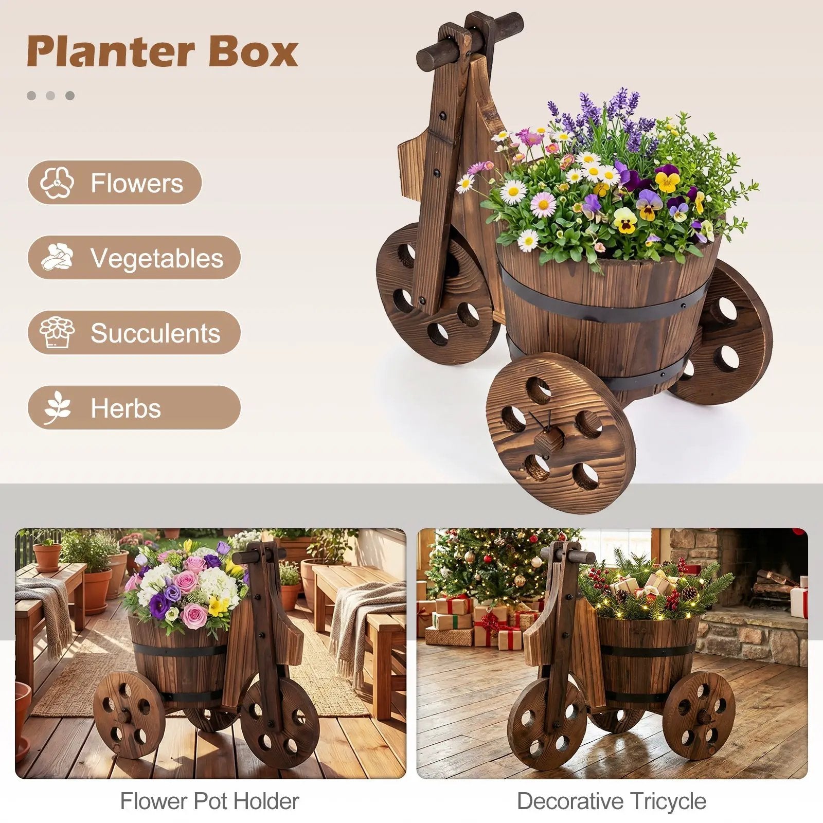 Rustic Wood Tricycle Planter Barrel Flower Pot Cart with Drainage Hole-Coffee by DirectDeals