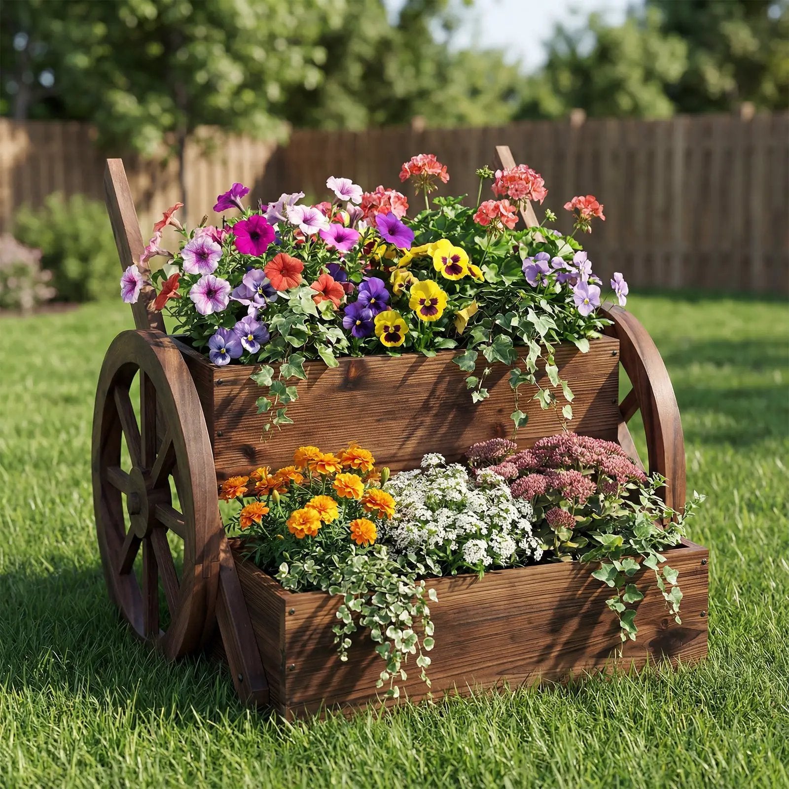 Rustic Wood Wagon Planter 2-Tier Versatile Raised Garden Bed with Wheels-Brown by DirectDeals