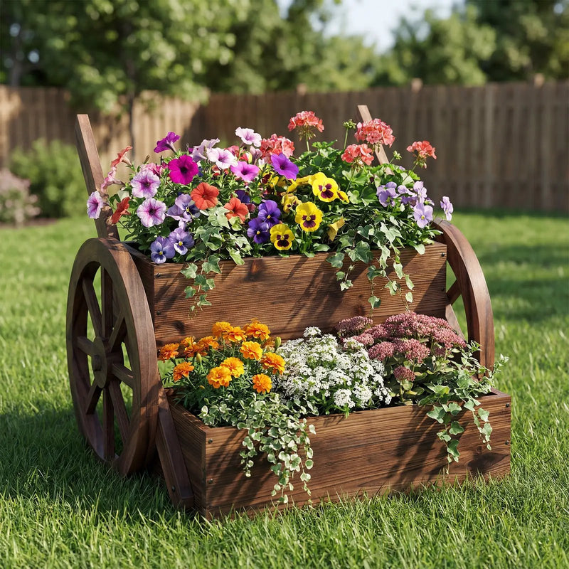 Rustic Wood Wagon Planter 2-Tier Versatile Raised Garden Bed with Wheels-Brown by DirectDeals