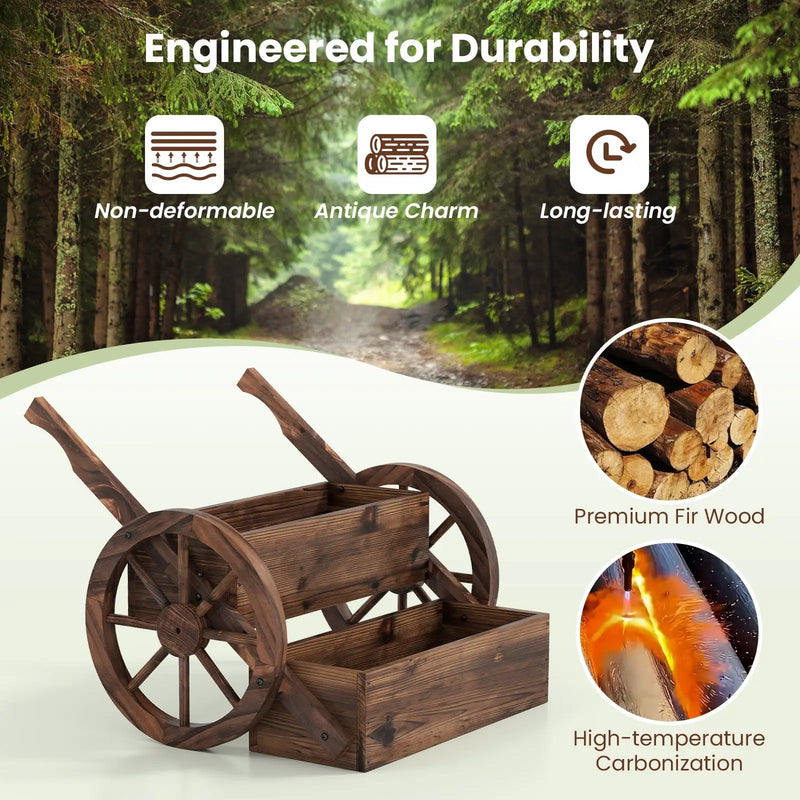 Rustic Wood Wagon Planter 2-Tier Versatile Raised Garden Bed with Wheels-Brown by DirectDeals