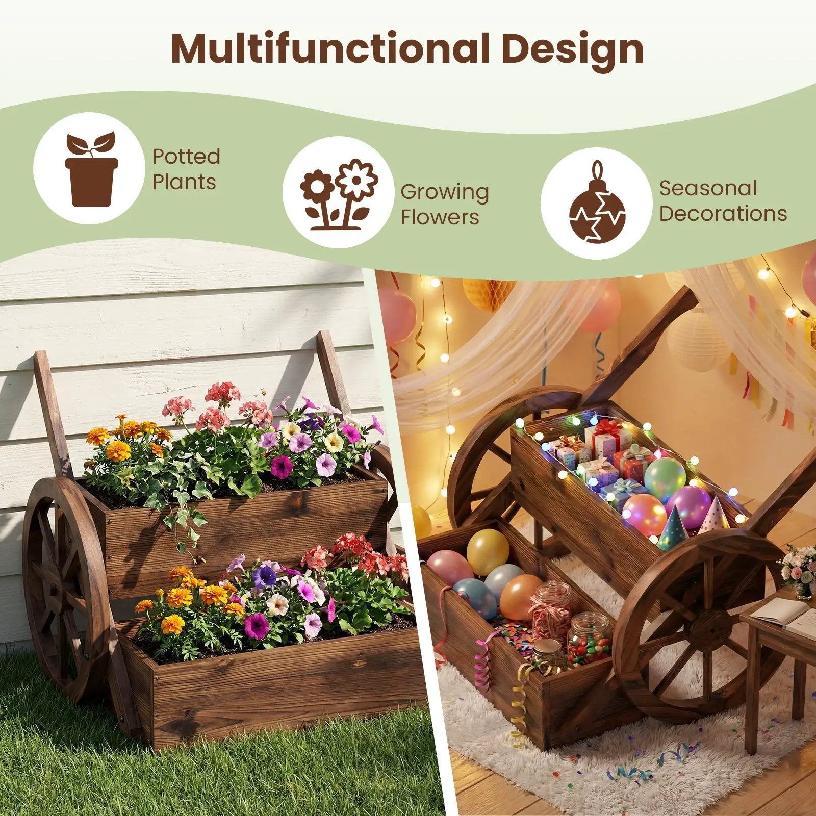 Rustic Wood Wagon Planter 2-Tier Versatile Raised Garden Bed with Wheels-Brown by DirectDeals