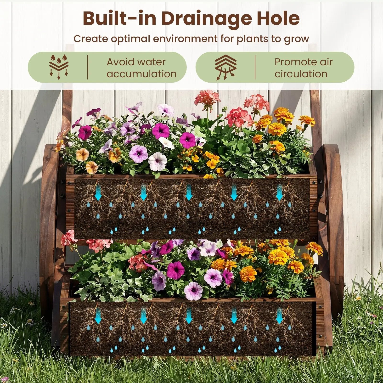 Rustic Wood Wagon Planter 2-Tier Versatile Raised Garden Bed with Wheels-Brown by DirectDeals