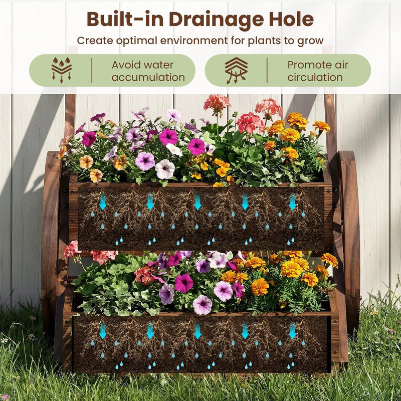 Rustic Wood Wagon Planter 2-Tier Versatile Raised Garden Bed with Wheels-Brown by DirectDeals
