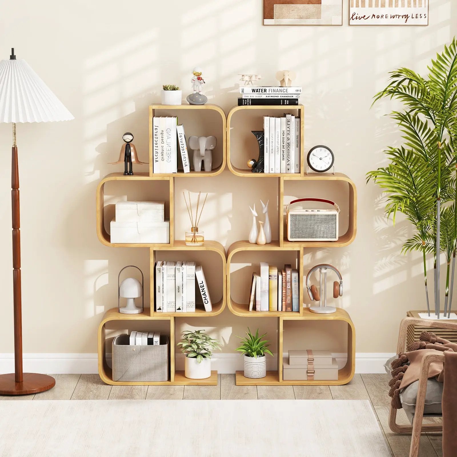 4-Tier S-Shaped Bamboo Bookcase with 4 Open Cubes for Living Room-Natural by DirectDeals