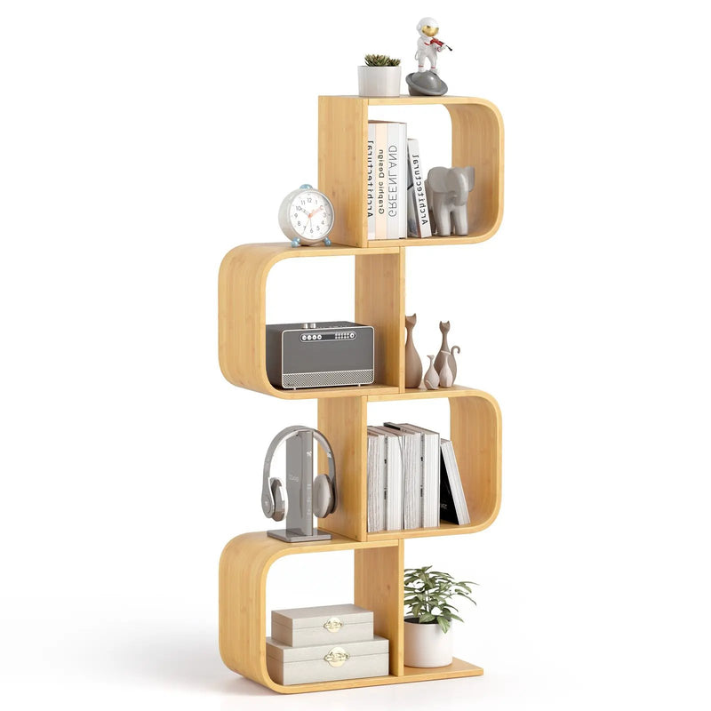 4-Tier S-Shaped Bamboo Bookcase with 4 Open Cubes for Living Room-Natural by DirectDeals