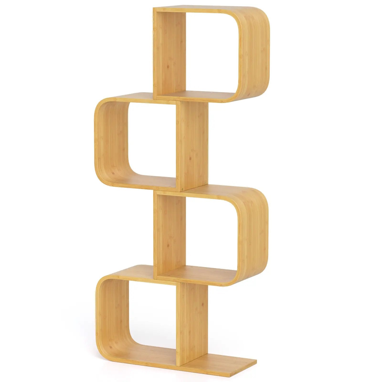 4-Tier S-Shaped Bamboo Bookcase with 4 Open Cubes for Living Room-Natural by DirectDeals