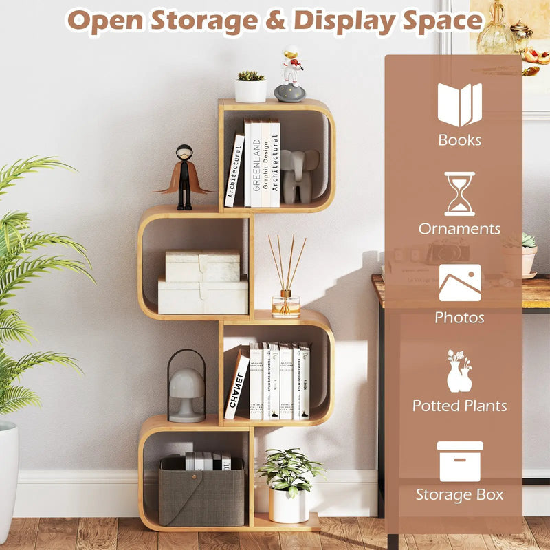 4-Tier S-Shaped Bamboo Bookcase with 4 Open Cubes for Living Room-Natural by DirectDeals