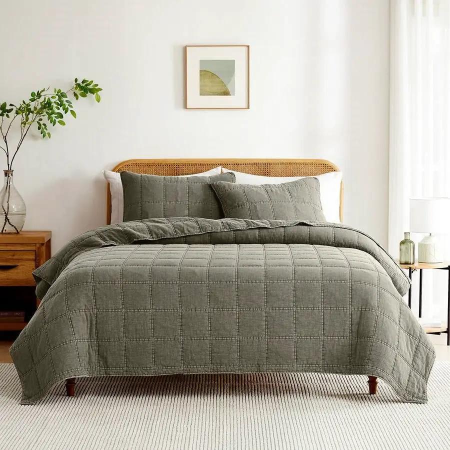 Full/Queen Size 3-Piece Sage Green Faded Stone Washed Cotton Quilt Set by HomePacific