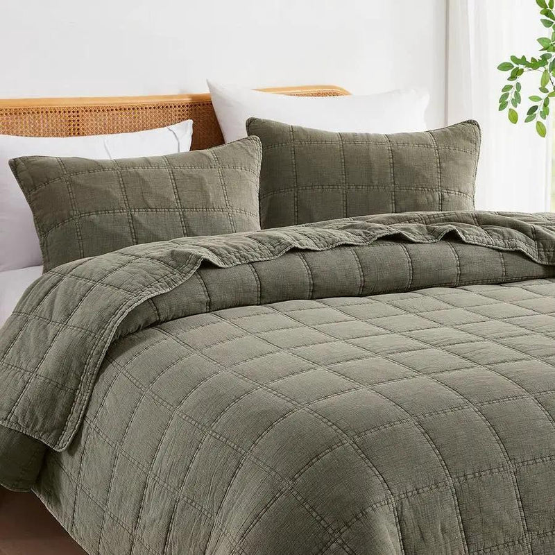 Full/Queen Size 3-Piece Sage Green Faded Stone Washed Cotton Quilt Set by HomePacific