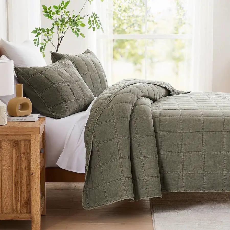 Full/Queen Size 3-Piece Sage Green Faded Stone Washed Cotton Quilt Set by HomePacific