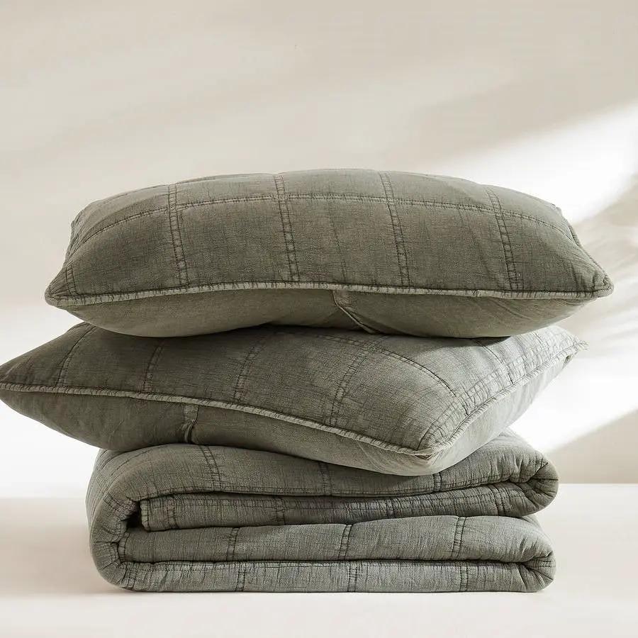 Full/Queen Size 3-Piece Sage Green Faded Stone Washed Cotton Quilt Set by HomePacific