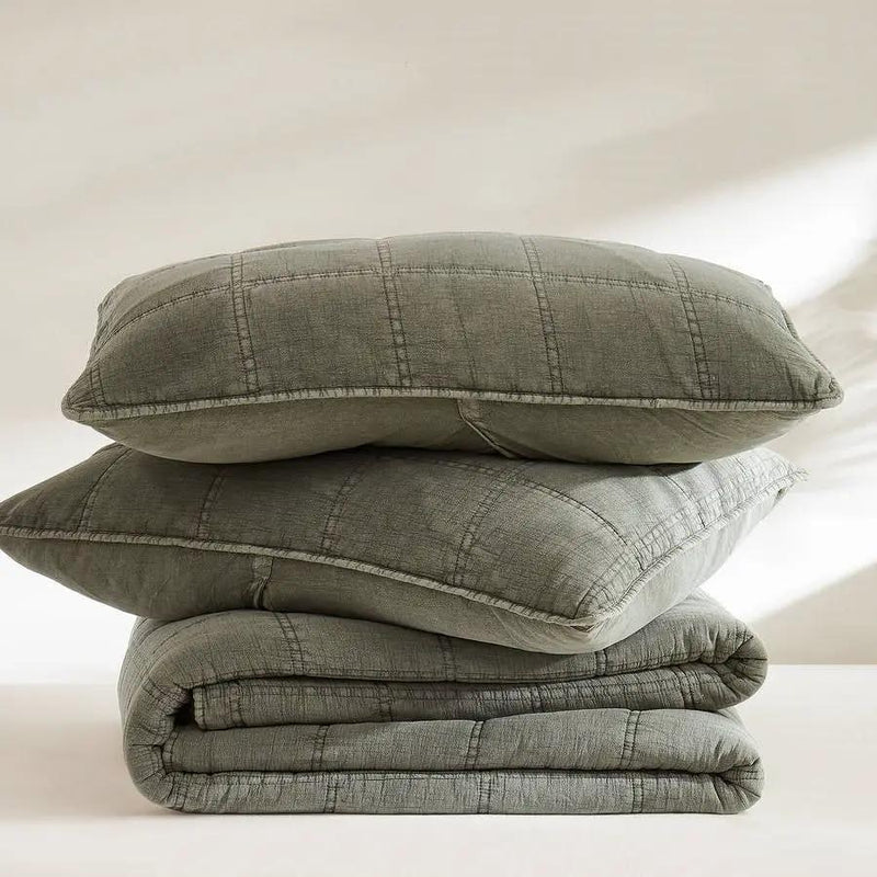 Full/Queen Size 3-Piece Sage Green Faded Stone Washed Cotton Quilt Set by HomePacific