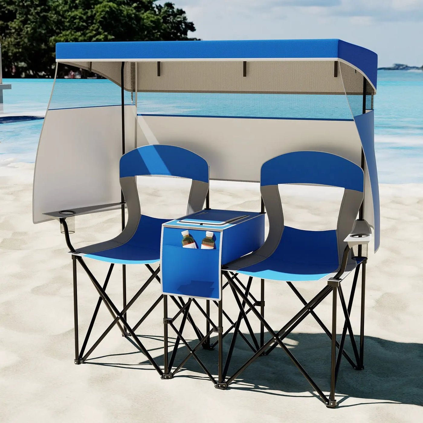 Double Beach Chair with Adjustable Canopy and 3 -Side Shading Curtains by DirectDeals