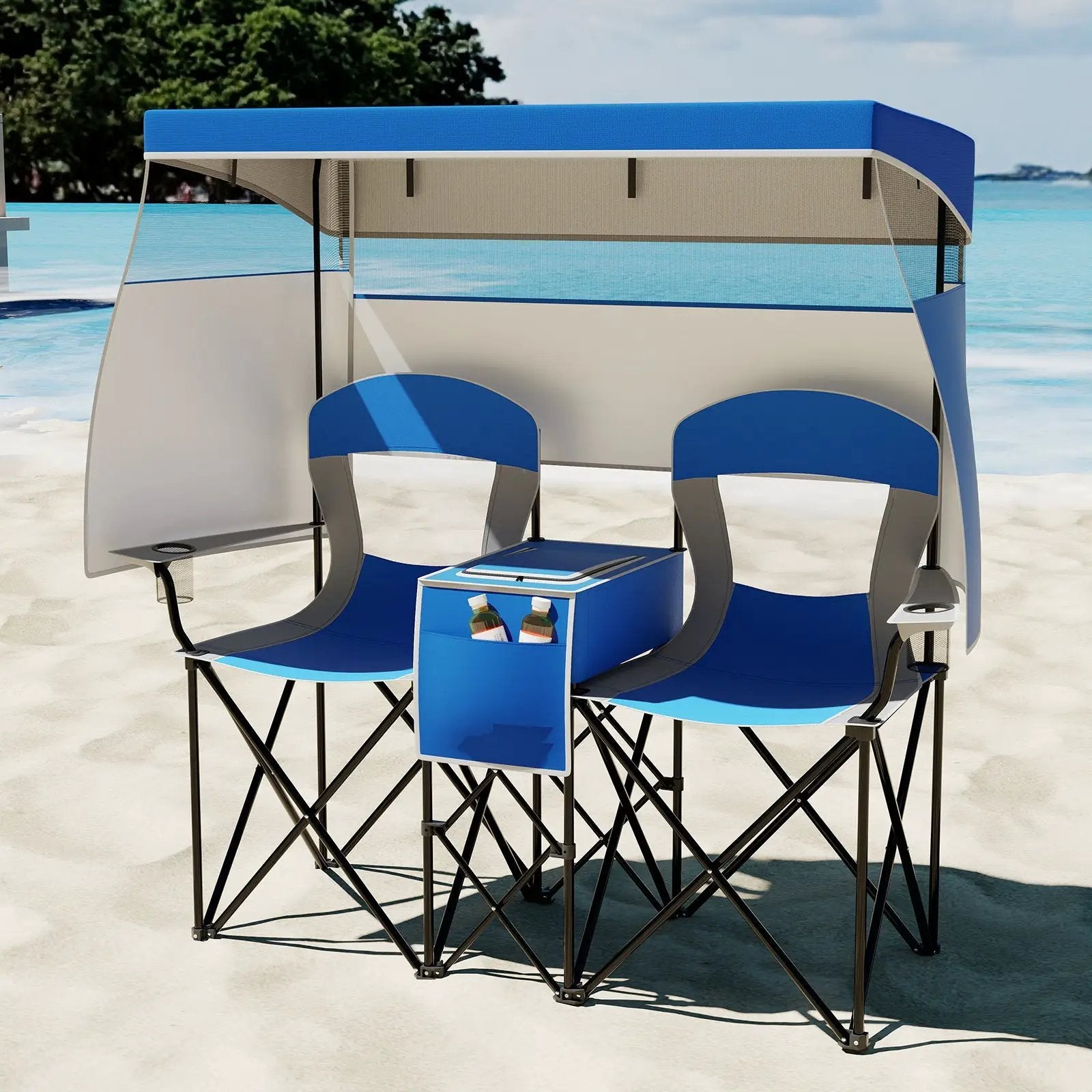 Double Beach Chair with Adjustable Canopy and 3 -Side Shading Curtains by DirectDeals