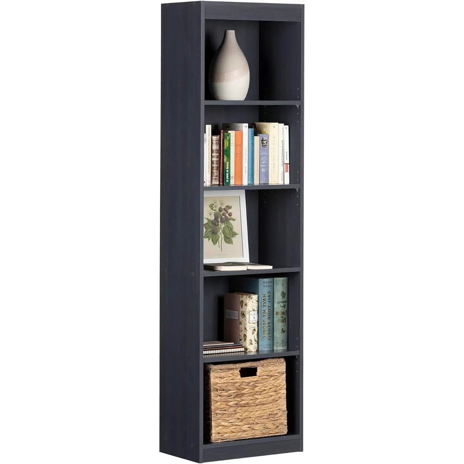 Narrow 5-Shelf Bookcase Slim Storage Shelving Unit Dark Blue Black Wood Finish by HomePacific