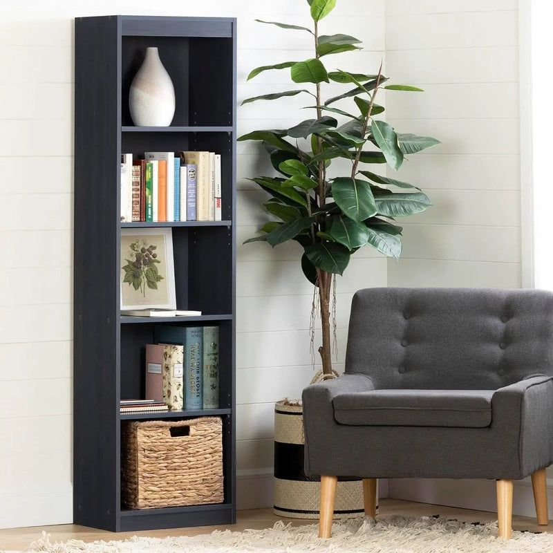 Narrow 5-Shelf Bookcase Slim Storage Shelving Unit Dark Blue Black Wood Finish by HomePacific