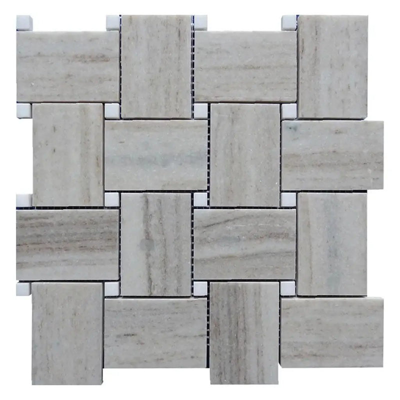 Light Beige with Soft Gray 11x11 Polished Basketweave Crystal Sand Thassoss Marble Mosaic Tile (5 pack, 4.13 sq ft/case) by Apollo Tile