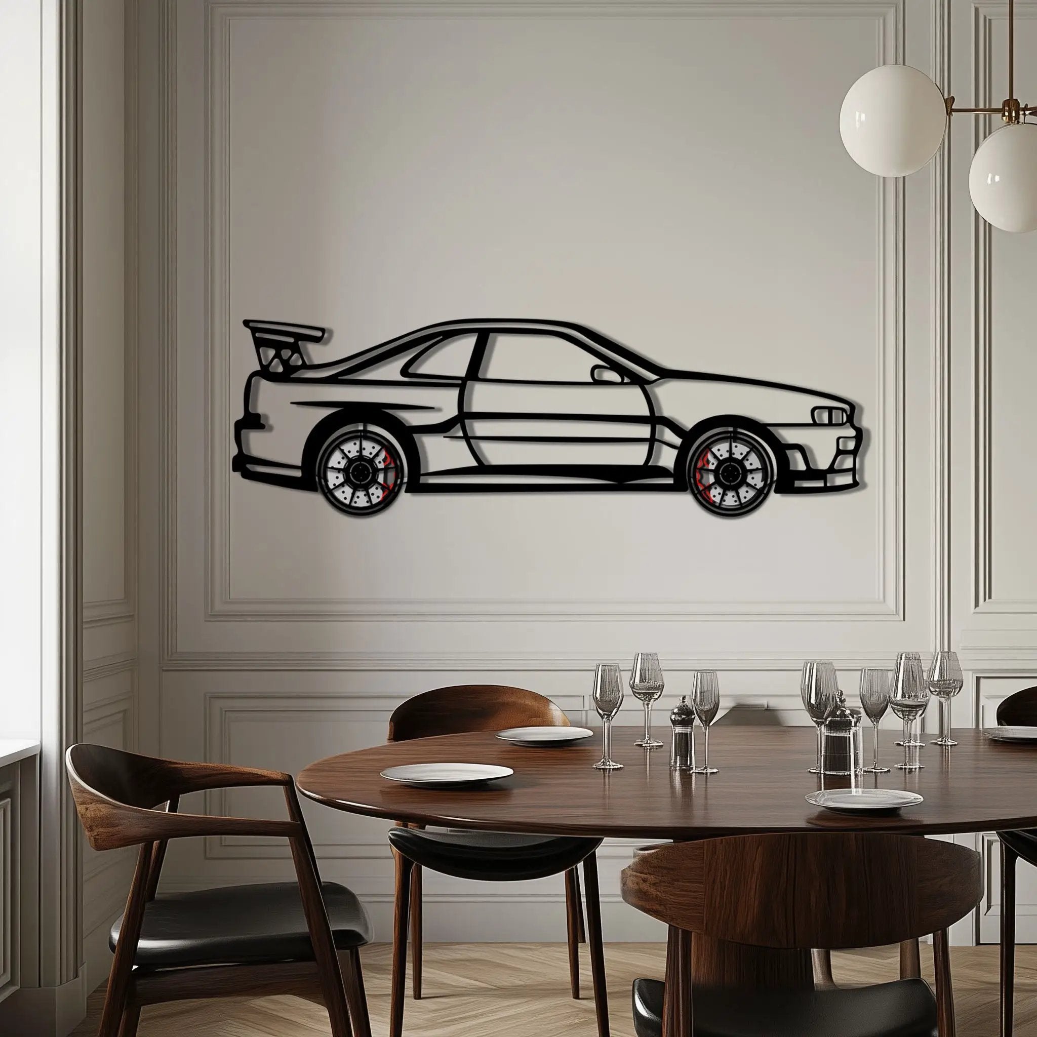 Nissan Skyline GT-R R34 Metal Car Wall Art with Rotating Wheels - "Godzilla" JDM Legend Silhouette - Interactive Automotive Wall Decor - KAFMEKA152 by Enova Art