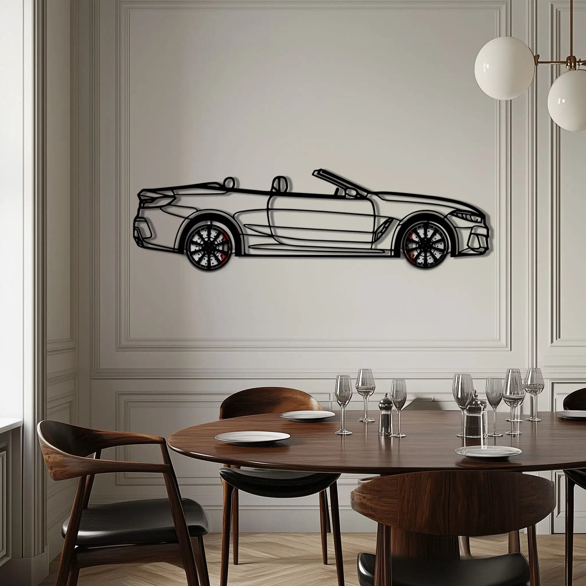 BMW 850i Metal Car Wall Art with Rotating Wheels - Luxury Grand Tourer Silhouette - Interactive Automotive Wall Decor - KAFMEKA105 by Enova Art