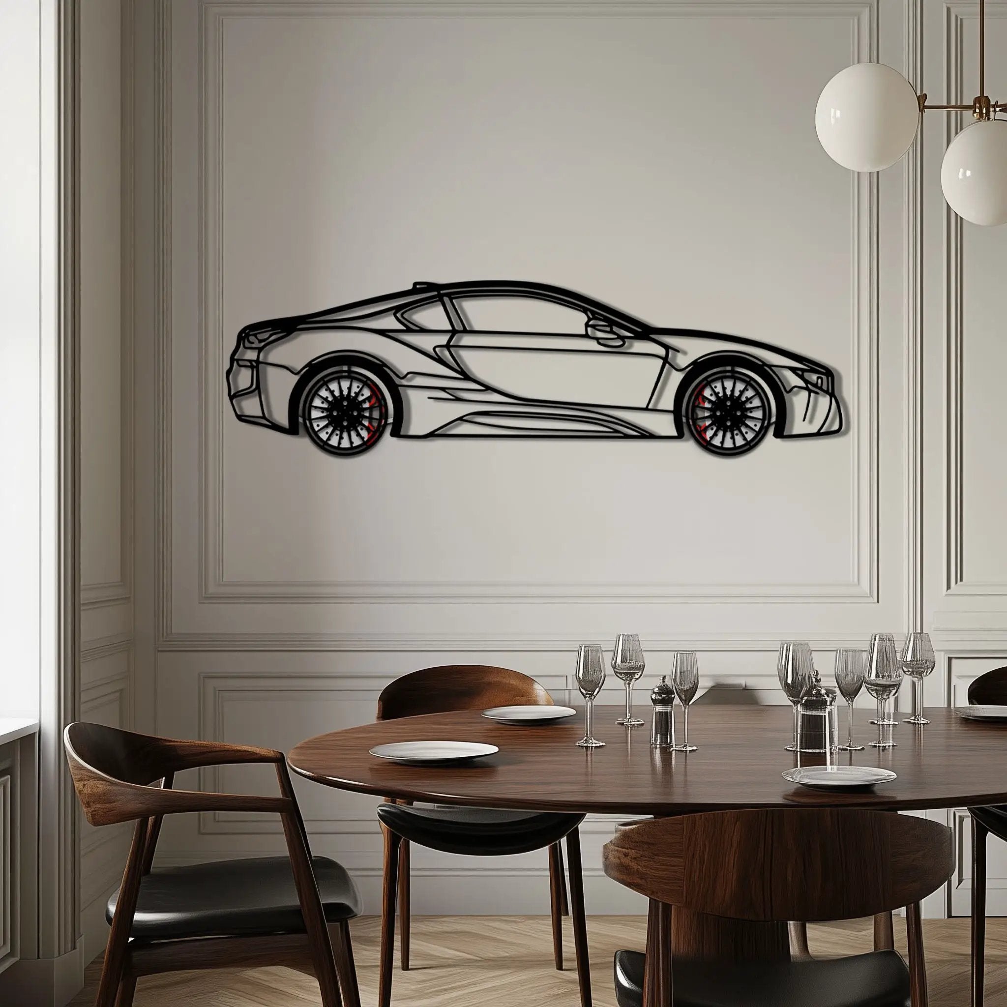 BMW i8 Metal Car Wall Art with Rotating Wheels - Futuristic Hybrid Supercar Silhouette - Interactive Automotive Decor - KAFMEKA106 by Enova Art