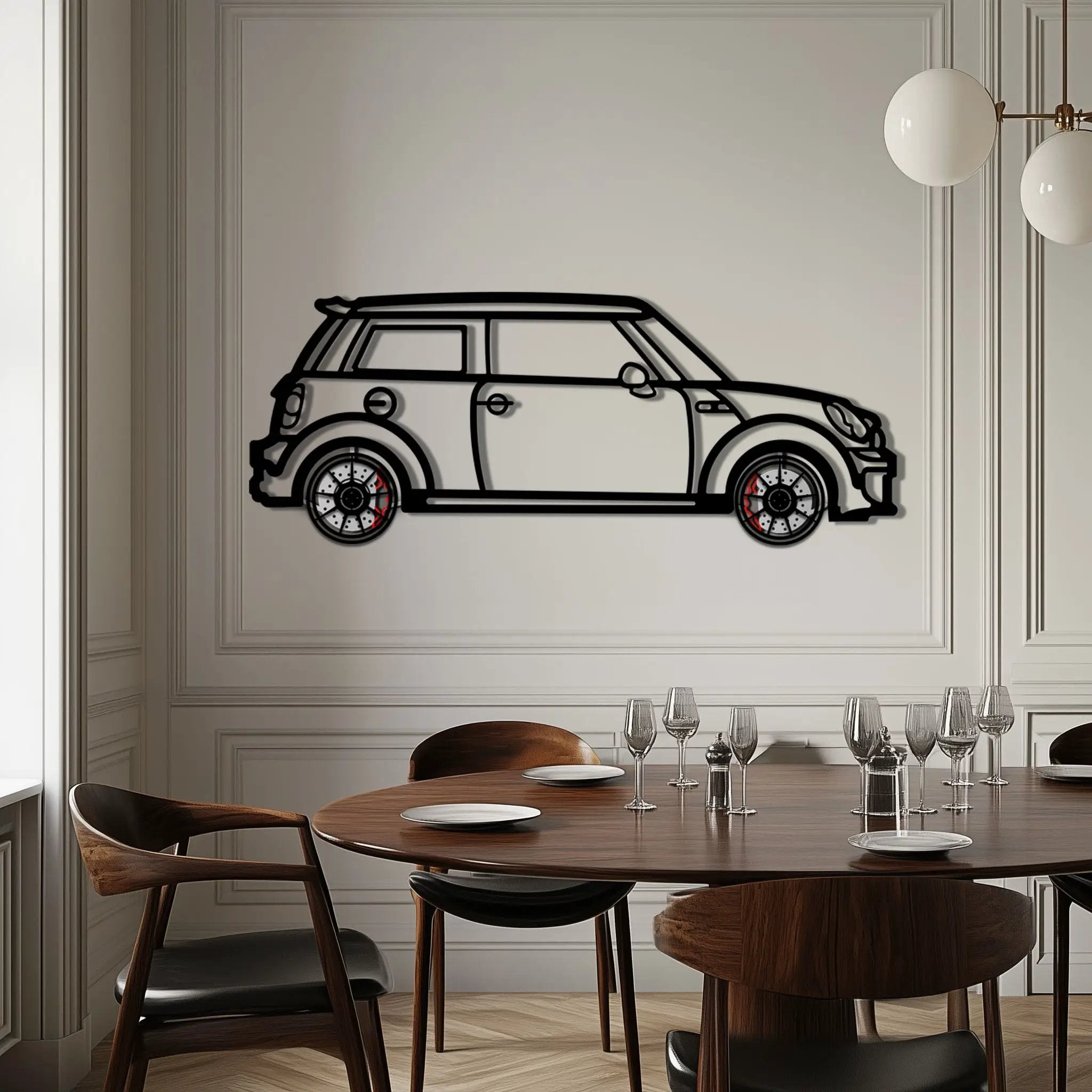 Mini Cooper Metal Car Wall Art with Rotating Wheels - Iconic British Compact Silhouette - Interactive Automotive Wall Decor - KAFMEKA151 by Enova Art