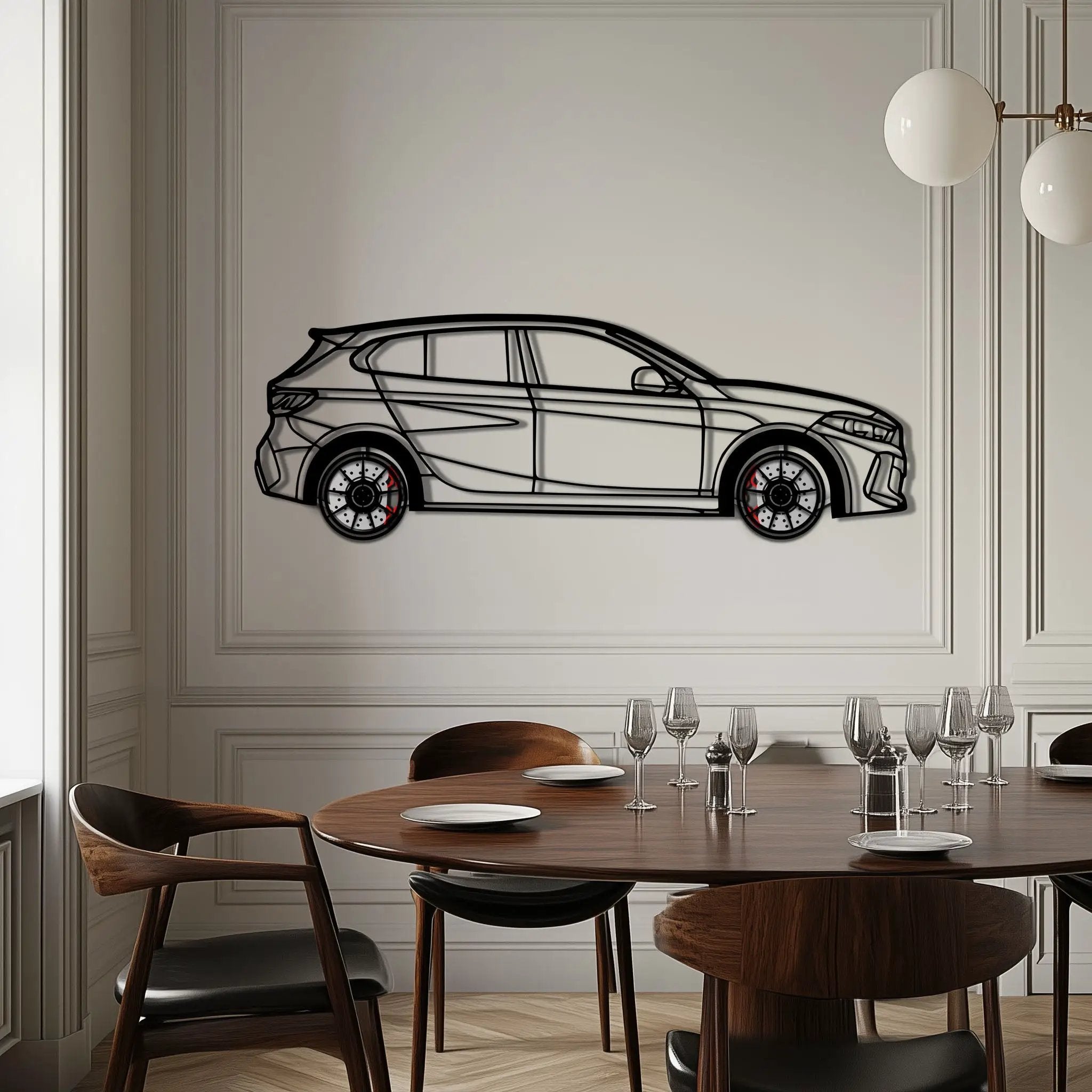 BMW 135i F40 Metal Car Wall Art with Rotating Wheels - M Performance Hatchback Silhouette - Interactive Automotive Decor - KAFMEKA102 by Enova Art