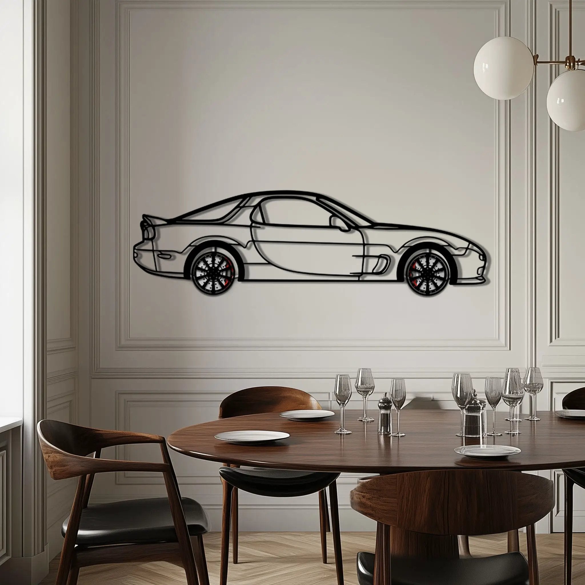 Mazda RX-7 Metal Car Wall Art with Rotating Wheels - FD3S Rotary Legend Silhouette - Interactive Automotive Wall Decor - KAFMEKA147 by Enova Art