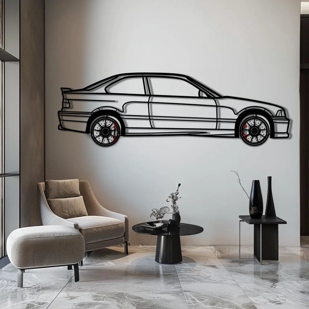 BMW E36 M3 Metal Car Wall Art with Rotating Wheels - 90s Performance Legend Silhouette - Interactive Automotive Wall Decor - KAFMEKA101 by Enova Art